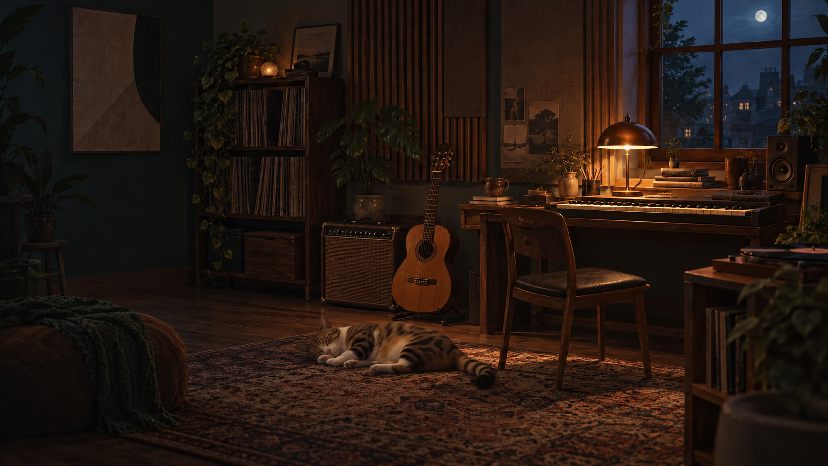 A sleeping tabby cat in a warmly lit music studio, with a piano, a guitar and a moonlit window.